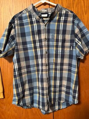Columbia Navy, Light Blue & Yellow Plaid Short-Sleeve Button-Down Shirt